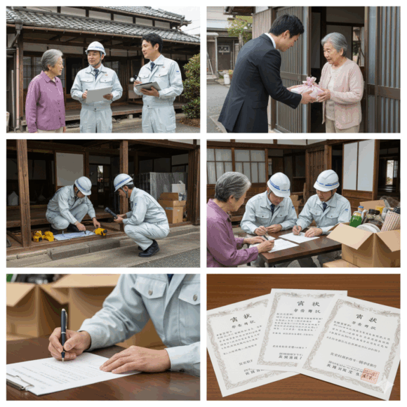 解体工事の準備期間の重要性を表現するイメージで、相談・現地調査、契約と準備(不用品処分など)、近隣挨拶と行政届出の要素