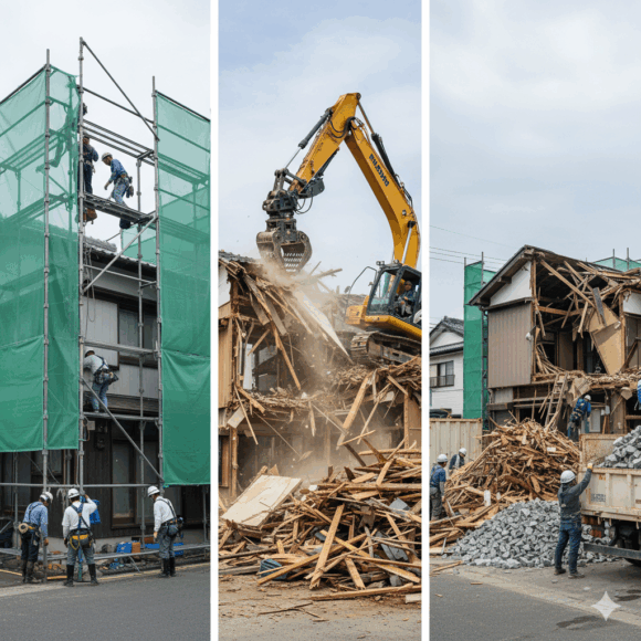 解体工事の本格的な作業段階を表現するイメージで、足場と養生の設置、建物本体の解体作業、廃材の分別と搬出の様子