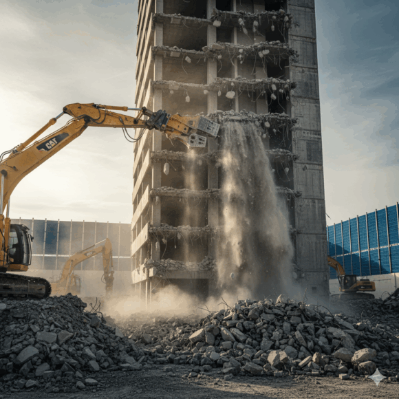 RC造解体の特徴である「特殊な重機」「高難度」「コンクリートガラ」を表現 巨大なRC建物を、特別なアタッチメントを付けた重機が砕いている、力強く、難易度の高い作業の様子