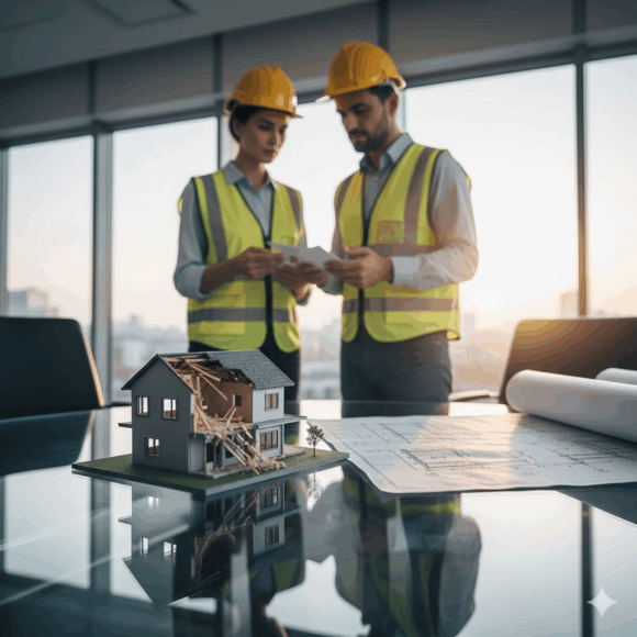 明朗性」「信頼性」を象徴的に表現 透明なガラスやクリーンな設計図の上に、小さな家（解体対象）の模型が置かれ、その背景には真剣に話し合う作業員