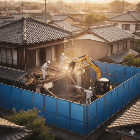 木造解体の特徴である「手作業」と「近隣への配慮」を表現 密集した住宅地で、作業員が慎重に作業している様子