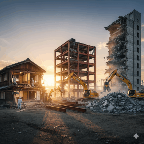構造による費用の大きな違いを表現 異なる3つの構造（木造、鉄骨造、RC造）の建物が並び、それぞれが解体される様子